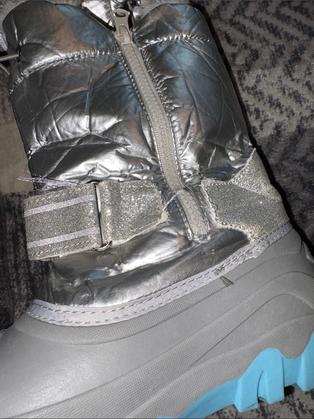 Kids Silver and Light Blue Insulated Snow Boots with Faux-Fur Cuff